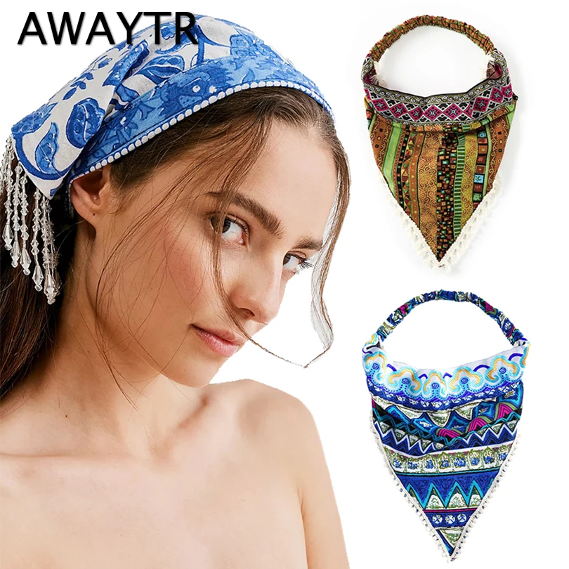 

AWAYTR Retro Printing Hair Scarf Turban Hair Band Bandanas Headwear For Girls Fashion Elastic Head Wrap Women Hair Accessories