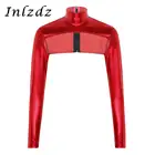 Женская Блестящая Одежда для танцев на шесте, с высоким металлическим вырезом, на молнии сзади, облегающие, для музыкального фестиваля, рубашки, блузки, укороченный топ