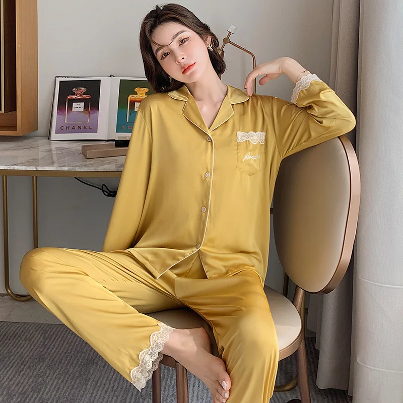 2021 New Women's Pajamas Spring Autumn Long Sleeve Ice Silk 2Pcs Set Fashion Solid Color Loose Home Clothes Fashion Sleepwear