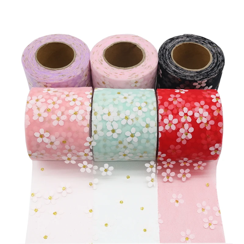 

6cm*25yards Small Daisies Tulle Rolls Tape for DIY Handmade Bowknot and Wedding Decor Party Supplies Baby Shower Tutu Skirt