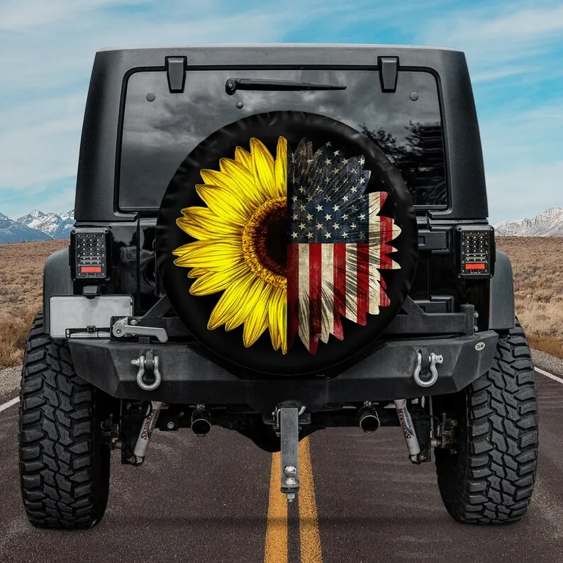 

Sunflower - American Flag - Vintage Style Spare Tire Cover For Car - Custom Spare Tire Covers Your Own Personalized Design,