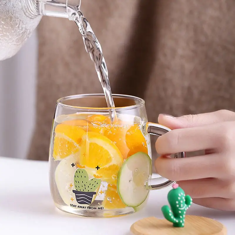 

Glass water cup cute milk juice household glass cups with lid with spoon glass milkshake cups home kitchen bar supplies