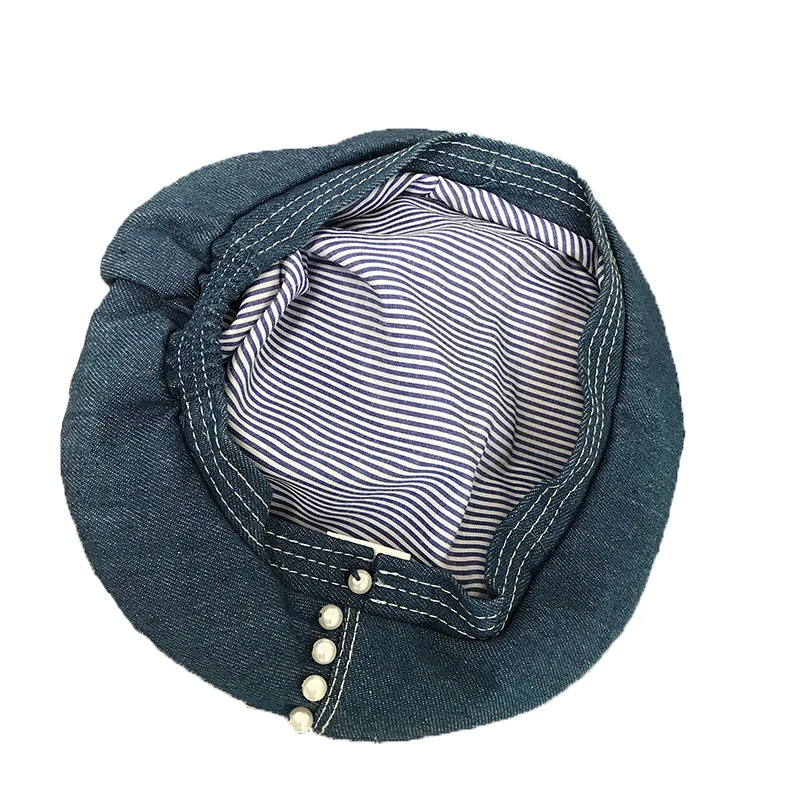 

New Autumn and Winter Handmade Pearl Denim Flat Top Beret Female Literary Elegant All-match Painter Hat Tide Beret Hat