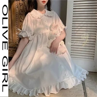 lolita dress bow elegant sweet girl kawaii white ruffles puff sleeves doll collar loose clothing summer new lace up preppy style