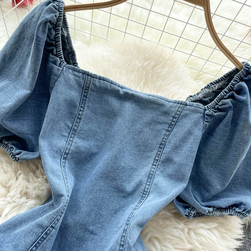 

YIZZHOY New Summer Women Puff Sleeve Square Collar Mini Denim Dress Casual Female Ruffled Sash Tie Up Dress Beach Fairy Dress