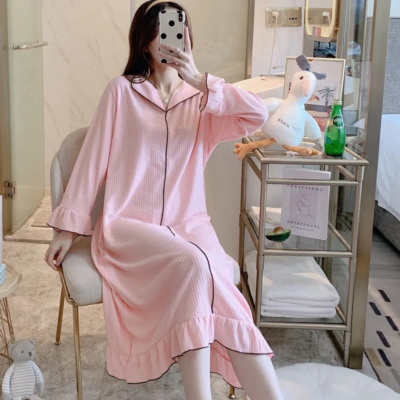 2021 Long Sleeve Nightdress Women's Spring Autumn Thin Casual Loose Long Skirt Solid Color Nightgown Dress Female Sleepwear