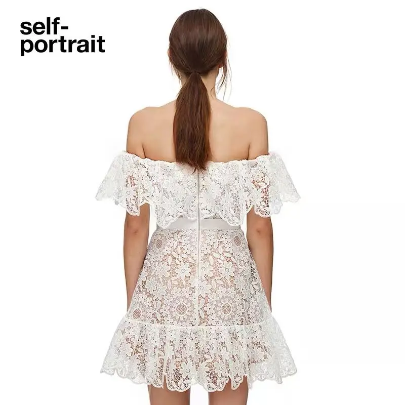

Summer Lace Dress Women Slash Neck High Waist White Mini Dress Self-portrait Elegant Casual Sundress Vintage Floral Crochet C013