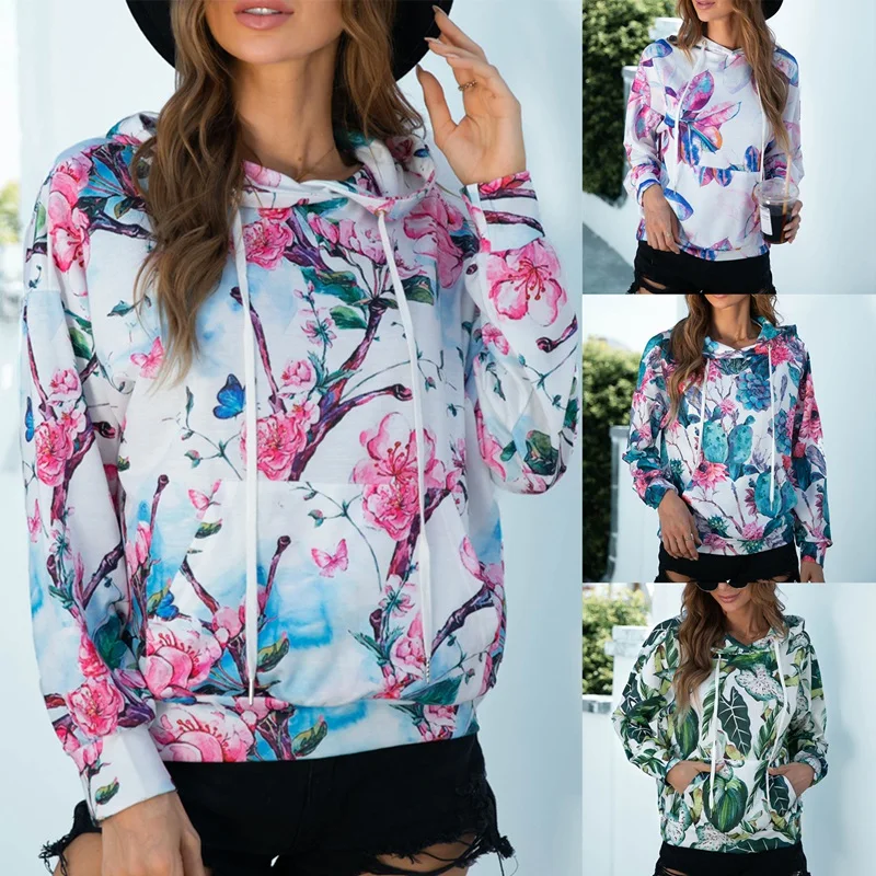 

Autumn Long Sleeve Printed Hooded Pocket Sweatshirts Elegant Fashion Women Pullovers Casual Hoodies
