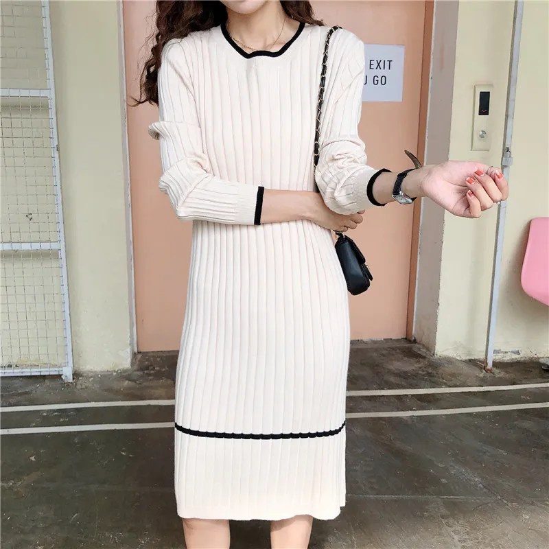 2019 new autumn and winter long over-the-knee sweater skirt ladies loose head is very temperament knit dress warm female | Женская