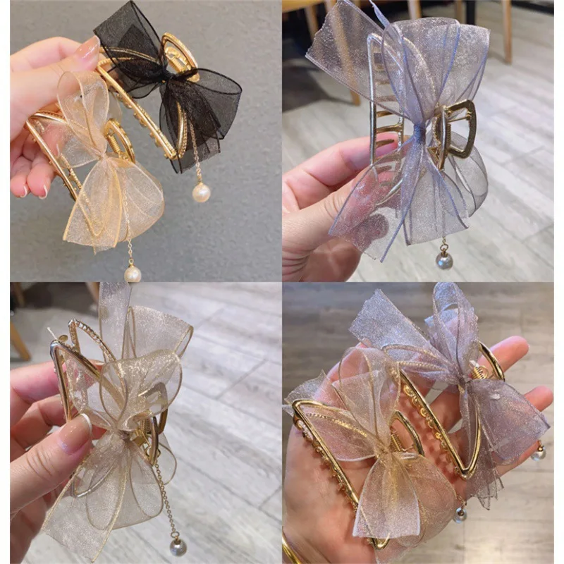 

ncmama New Korean Elegant Mesh Bow Hair Claws For Women Girls Hair Clip Large Grab Clips Shark Clip Crystal Hair Accessories