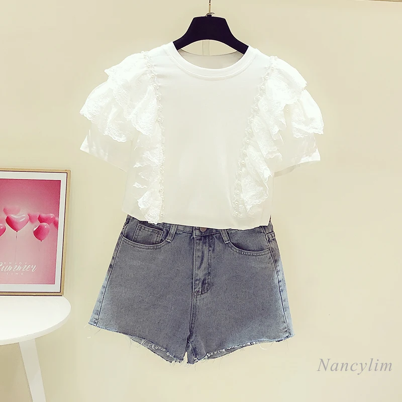 

White Cotton Tshirt Women Heavy Handmade Beaded Lace Ruffled Stitching Round Neck Short-Sleeved T-shirts Female Summer Top