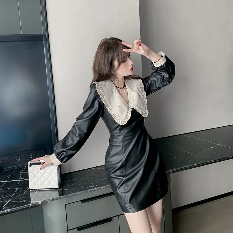 

Women Pu Leather Mini Dress Peter Pan collar Long Sleeve Bodycon Sexy Streetwear Party Club Dresses 2021 New