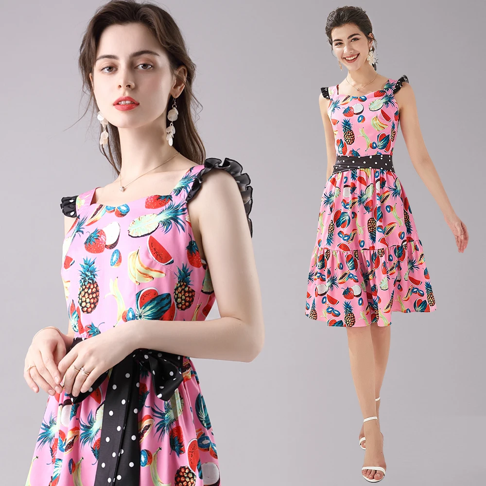 Платье женское летнее хлопковое с поясом в горошек милая майка принтом ананасов