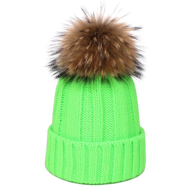 Women Autumn Winter Beanie Cap Female Acrylic Wool Hats With Real Fur Pompon Knit Windproof Outdoor Warm Fluorescent Beanie Hat