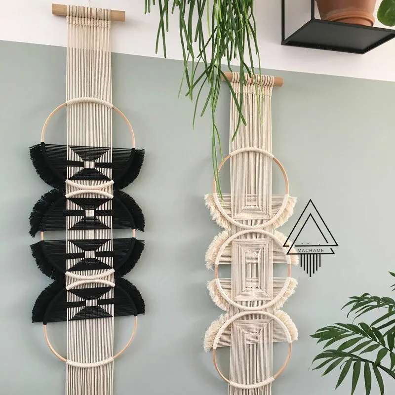 3 Rings Macrame Hand Woven Wall Hanging Tapestry Black and White Mexican Home Decoration Bohemian Decor College Dorm Farmhouse