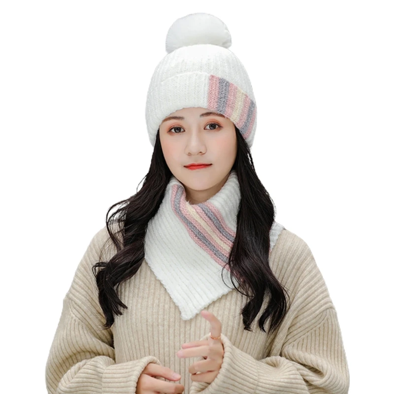 

Women Winter Knit 2Pcs Beanie Hat Turtleneck Collar Circle Scarf Set Contrast Color Striped Plush Lined Pompom Skull Cap