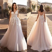 elegant v neck beach wedding dresses backless 3d floral applique lace ivory bridal gowns tulle a line vestido de novia plus size