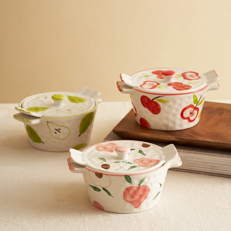 

Ceramic Soup Pot With Lid Rice Fruit Bowl Egg Steamed Stew Pot Creative Dinnerware Household Dessert Bowl