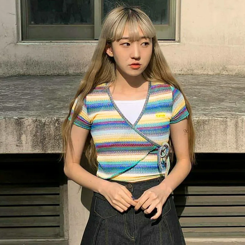 

Summer Women Bandage All-Match Irregular Criss Cross Fashion Casual Cropped Shirt Short Sleeve V-Neck Multicolor Stripe Crop Top