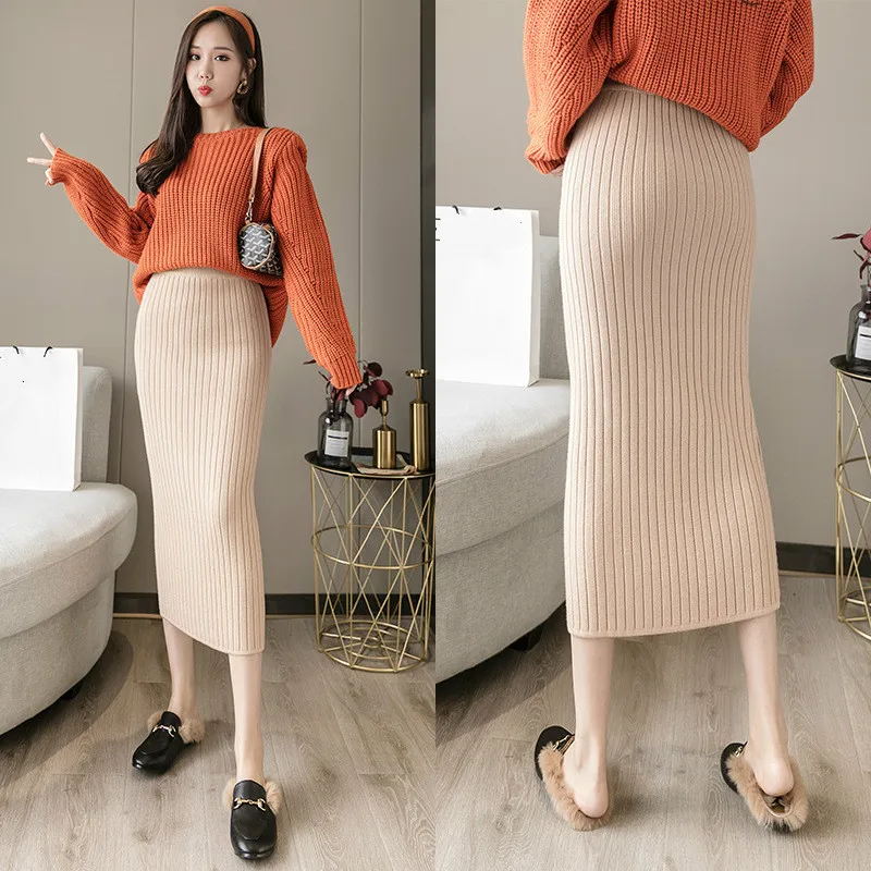 

Mozision Pit Bar Knitted Skirt Women Solid High Waist Straight Skirts Female 2020 Winter New Office Ladies Thickening Skirt