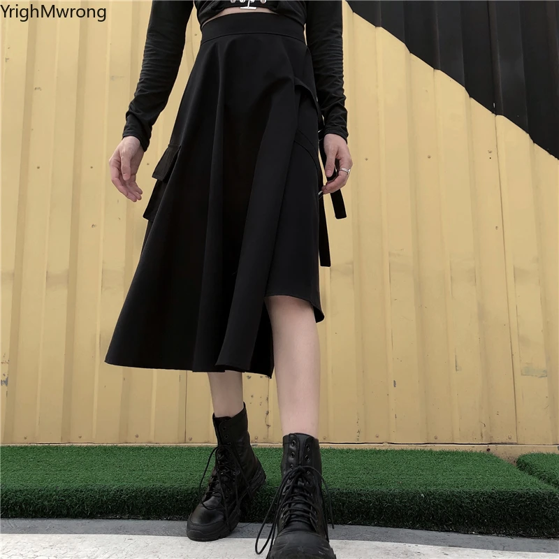 Женская длинная юбка миди в стиле Харадзюку черная серая Свободная с