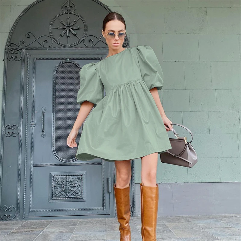 

Vintage Puff Sleeve Women Dress Summer Fashion Clothes O-Neck High Waist A-Line Dresses Solid Pleated Mini Cotton Dress Vestidos