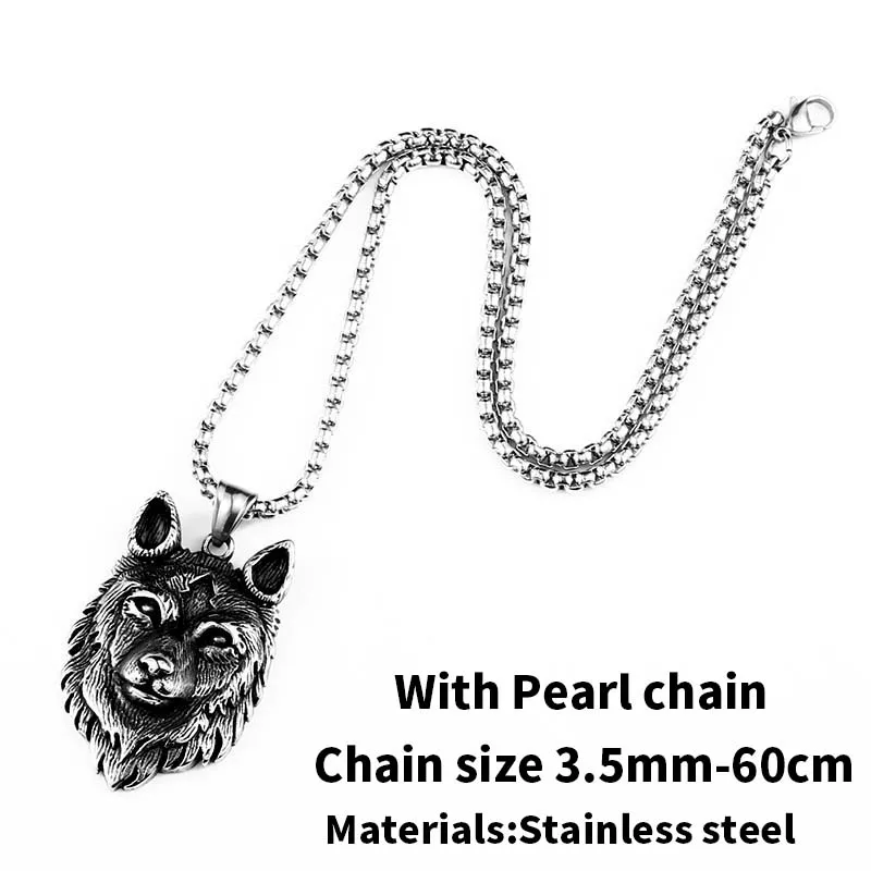 with pearl chain Стальной солдат, особый дизайн, панк, волк, подвеска, Викинг Кельт, 316L, нержавеющая сталь, ожерелье, для мужчин, амулет, модные ювелирные изделия, подарок для мальчиков - Окраска металла: with pearl chain