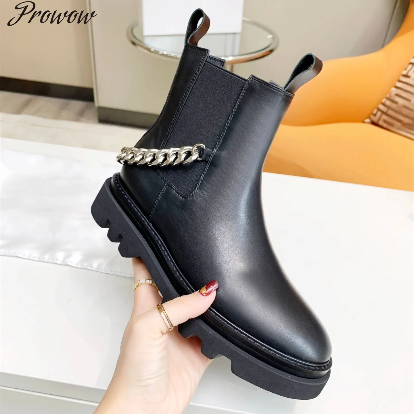 

Prowow Punk Martin Boots New Women Shoes Winter Genuine Leather Platform Ankle Boots Metal Decoration Chain Size 35-41