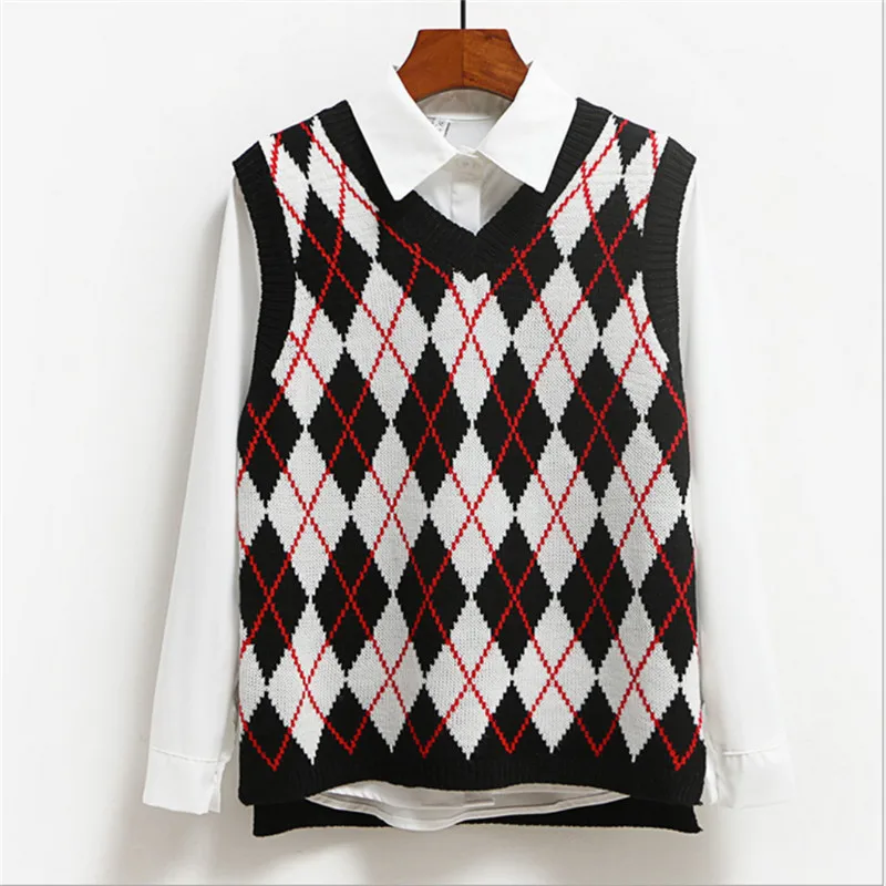 

Women's Sweater Vest Vintage Argyle Pattern College Style Knit Vest Top Fall Sleeveless V-neck Diamond Check Knit Sweater Coat