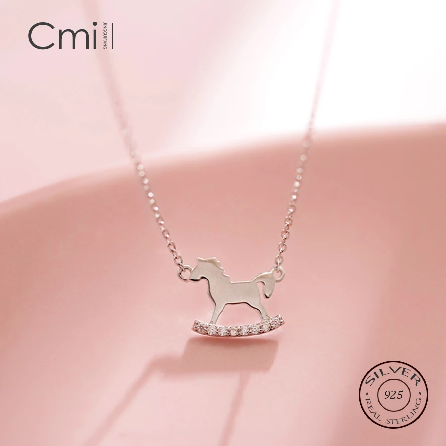Real 925 Sterling Silver Zircon Horse Choker Pendant Necklace For Fashion Women Party Fine Jewelry Cute Accessories Gift | Украшения и