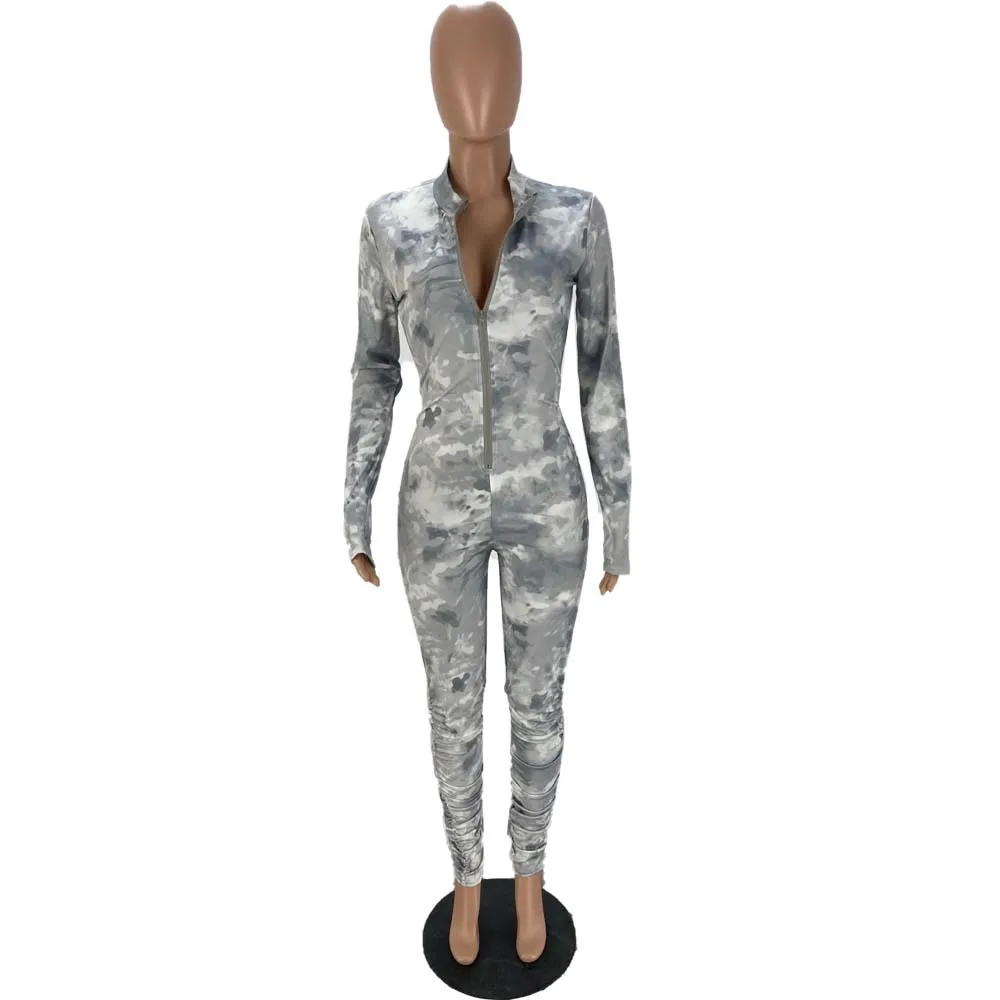 

HAOOHU Women Tie Dye Print Long Sleeve Zipper Up Skinny With Mask Stacked Jumpsuit Sexy Club Party One Piece Overall Rompers