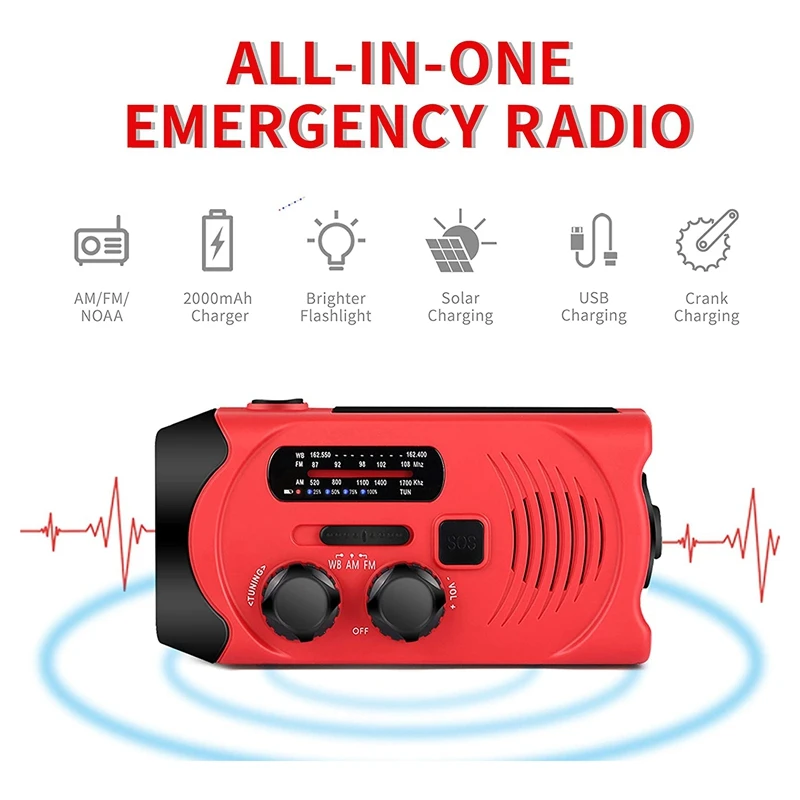 Аварийная погода AM/FM NOAA Солнечная энергия ed Wind Up радио с SOS 2000MAh внешний
