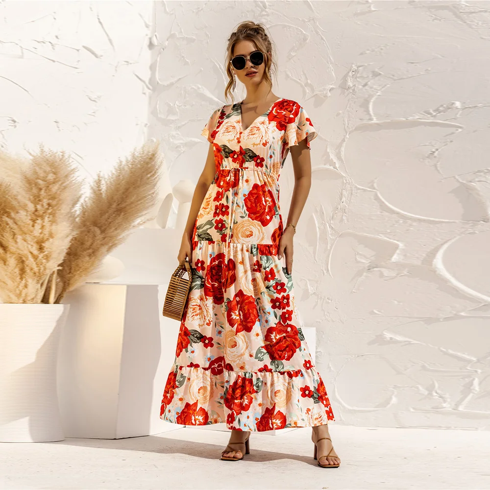 

Elegant Floral Print V-neck Lace Up Design Button Long Dress Summer New Women Casual High Waist Short Sleeve Robe Maxi Vestidos