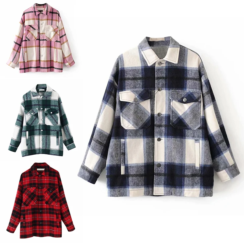 Женское шерстяное пальто в клетку клетчатое с отложным воротником и длинным