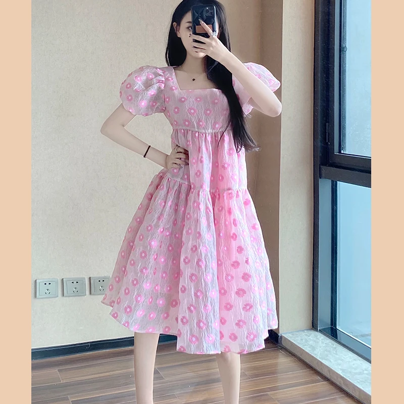 

Vestidos Vintage Flower Print Puff Sleeve summer pink sweet dresses Casual Square collar floral maxi long dress 2021 festa