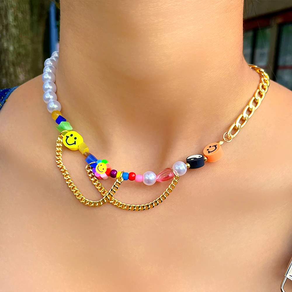 

Y2K Orange Yellow Smile Face Asymmetry Pearl Beaded Necklace For Women Gold Color Chain Choker Egirl Bohemia Jewelry Wholesale