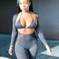 sexy streetwear long sleeve bodysuit transparent mesh jumpsuit women bra two peices set hollow out vest skinny casual outfit