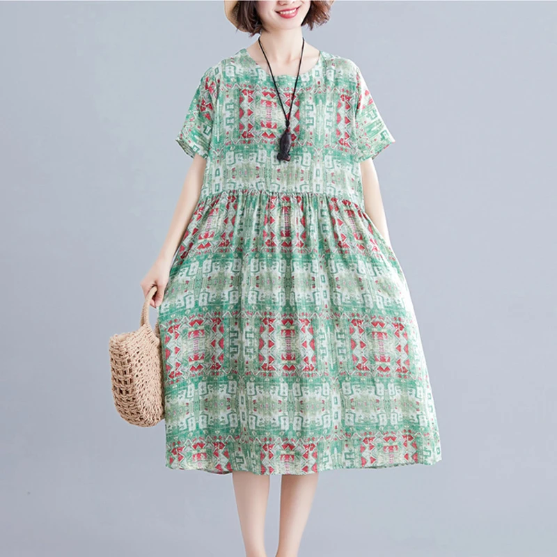 2021 Новое летнее платье граффити винтажное хлопковое льняное с коротким рукавом О