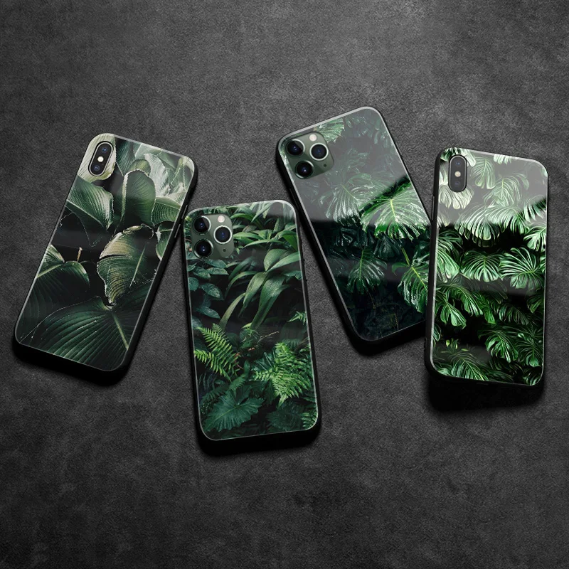 Зеленый лист тропических листьев силиконовый стеклянный чехол для телефона iPhone