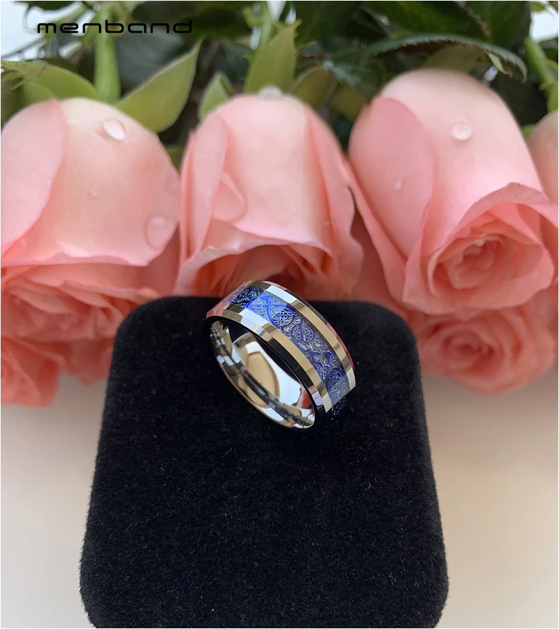 Вольфрамовое обручальное кольцо с драконом для мужчин и женщин метеоритом синим