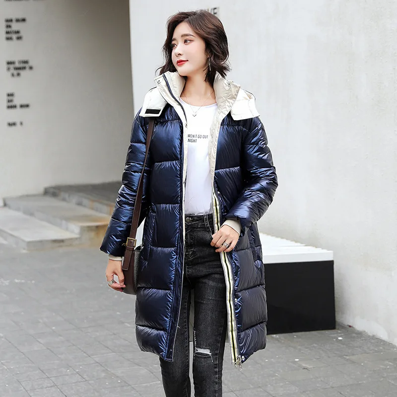 

Winter Jacket Women Hooded Parkas Thicken Warm Long Coats Waterproof Bright Female Cotton Padded Glossy Outwear 2021 Femme Veste