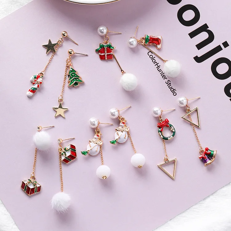 

10 Pairs New Trendy Asymmetric Earrings for Women Christmas Tree Santa Snowman Pearl Drop Earrings Xmas Jewelry Gift Wholesale