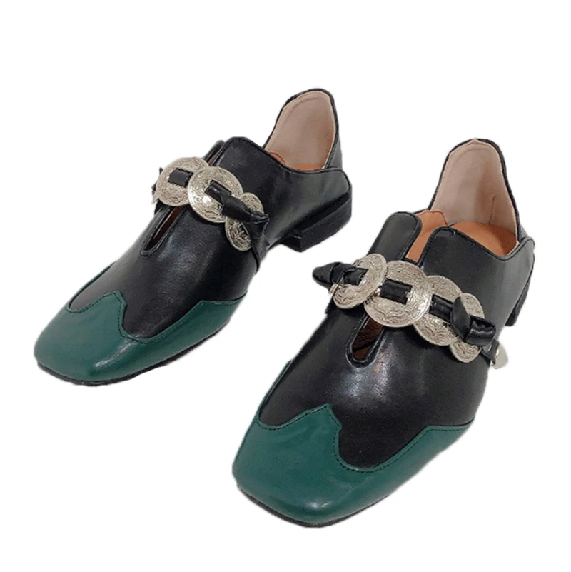 

Color Matching Step-on-heel Set of Two-wear Single Shoes New Retro Square Toe Metal Belt Rope Low-heeled Small Leather Shoes