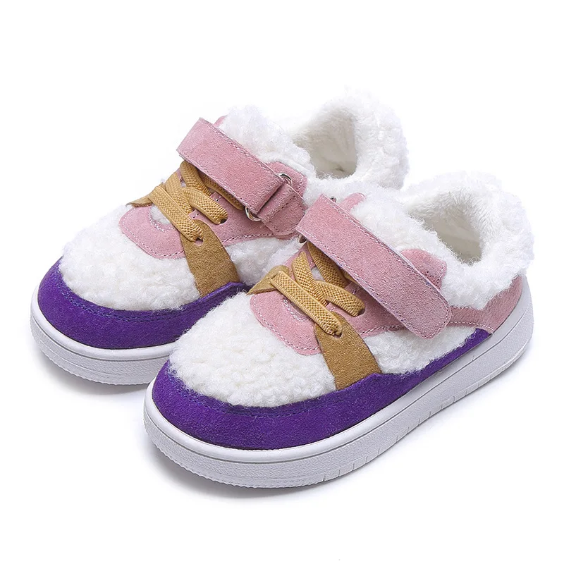 

CUZULLAA Kids Girls Winter Warm Plush Lining Cotton Shoes Chilldren Boys Patchwork Fashion Sneakers Flat Casual Shoes Size 21-30