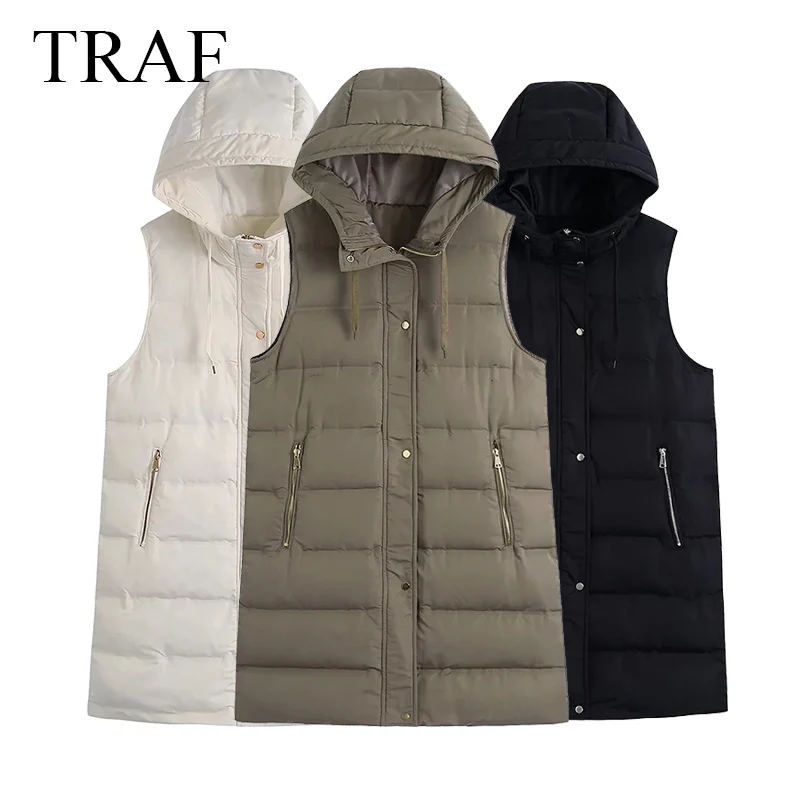 

TRAF Women's Winter Jacket Vest Warm Thick Coat Female Vintage Sleeveless Hooded Outerwear Zipper Pocket Waistcoat Chic Tops