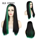60 см Длинные Синтетические волосы прямой парик смешанный черный зеленый цвет хайлайтер Натуральные Искусственные волосы для женщин ежедневвечерние Косплей