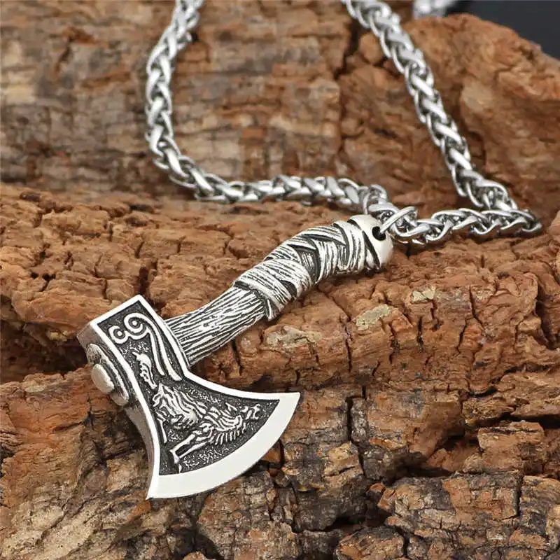 

Necklace Amulet Wolf Silver Color Bronze Pendant Norse Axe Viking Men's Vintage Gifts