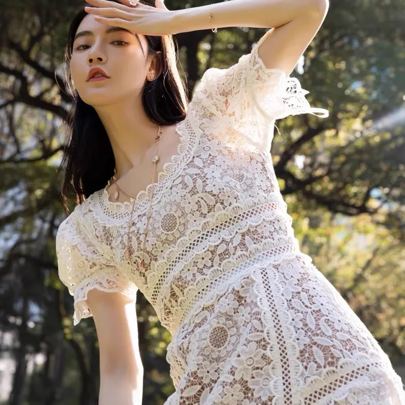 

CHICLADY SP vintage square collar summer lace dresses for women hollow out light green midi party night elegant dresses vestidos