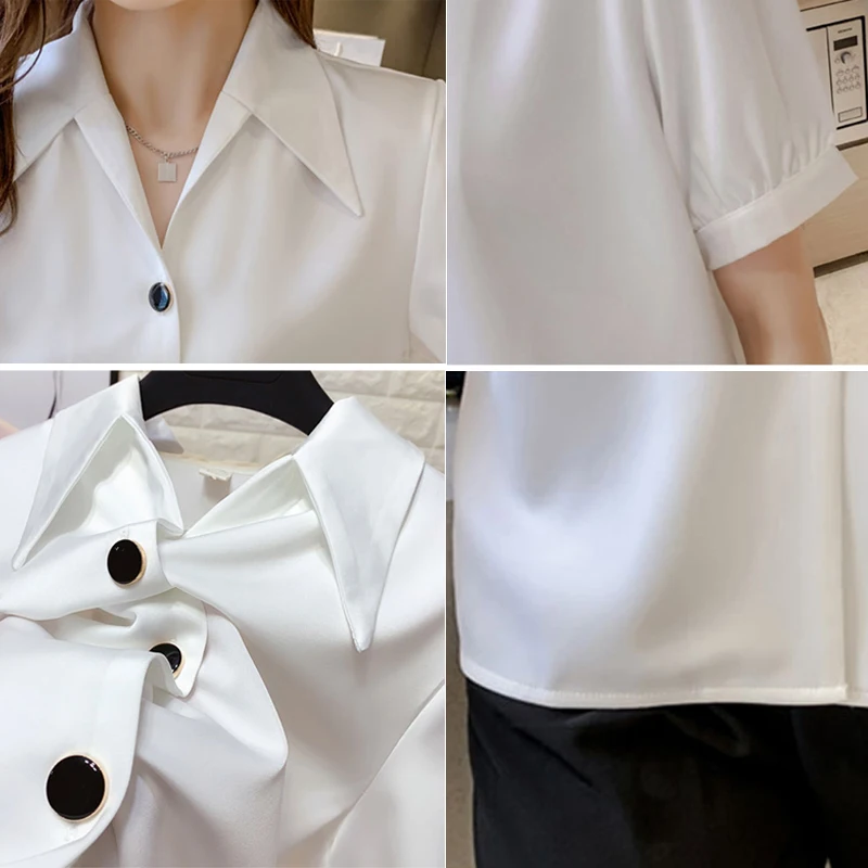 

Lantern sleeve satin shirt female plus size summer new style Korean design sense OL professional wear loose casual chiffon shirt