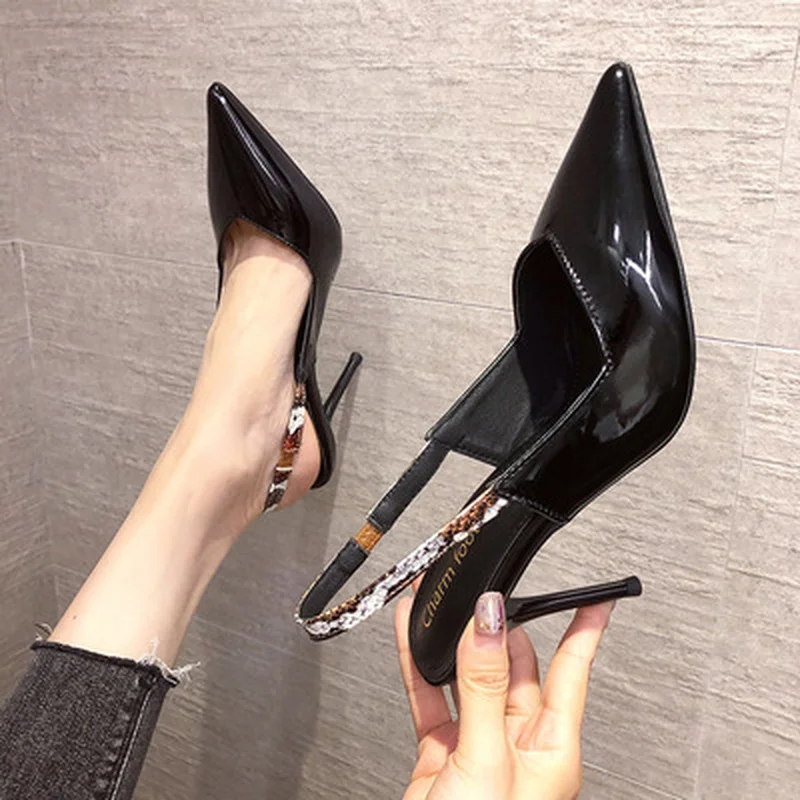 

2021 Sexy High Heels Shoes Women Pumps Luxury Patent Leather With Snakeskin Straps Heels Party Office Shoes Pointed Toe Pumps